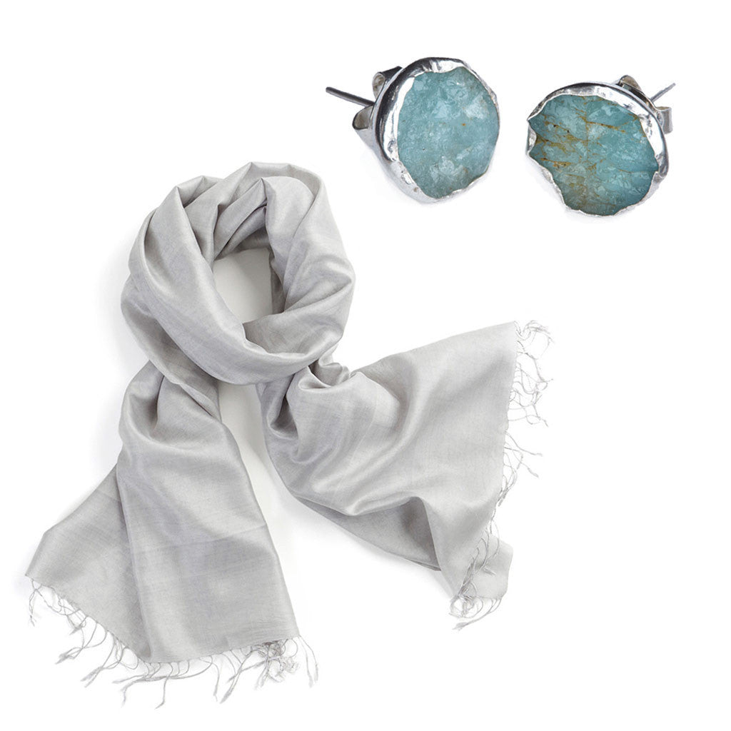 Soft Grey Silk Scarf + Silver Aquamarine Studs - Afghanistan